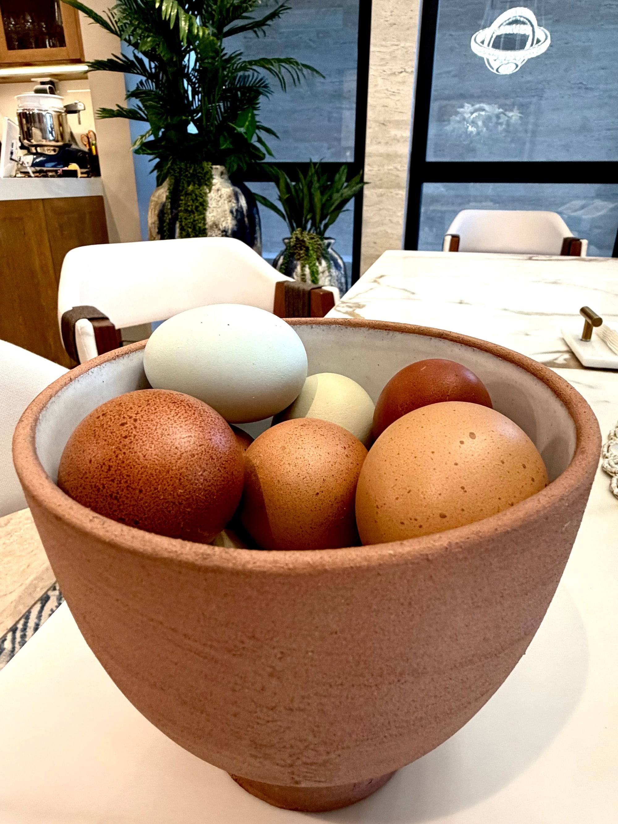 A stoneware bowl of Orchard eggs on a table in a Los Cabos villa, the terrace beyond.